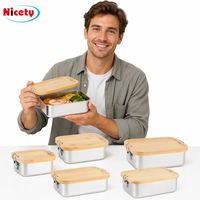Boîte à bento en acier inoxydable 304 avec couvercle en bambou anti-fuite et fermoir, conteneur de stockage de repas portable à joint hermétique