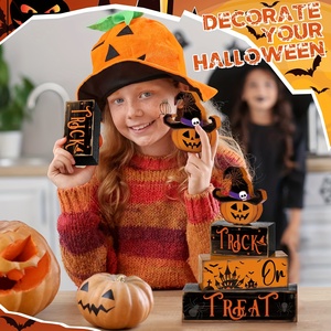 Decoración <span class=keywords><strong>de</strong></span> Halloween para el hogar: Bloques <span class=keywords><strong>de</strong></span> madera apilados con diseño <span class=keywords><strong>de</strong></span> truco o trato, calabaza y sombrero <span class=keywords><strong>de</strong></span> <span class=keywords><strong>bruja</strong></span>, para mesa y bandeja escalonada, estilo rústico - Product Image 4
