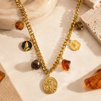 Ensemble collier et bracelet en acier inoxydable plaqué or 18 carats avec pendentif pièce de monnaie et résine ambrée, style bohème vintage, bijoux pour femme, cadeau