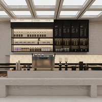 Aménagement et rénovation moderne de café : planification d'espace, design intérieur, vitrine LED en verre, comptoir bar sur mesure