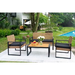 4-Piece Modern <b>Waterproof</b> Patio Furniture Set Outdoor Balcony Porch Garden Backyard Lawn Acacia Wood Table Top - Product Image 1