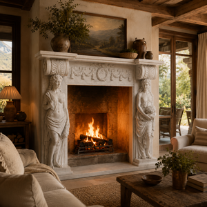 Chimenea Tradicional de Mármol con Tallado Ornamental, de Piedra Blanca, para Interiores, con Leña, para Comedor - Product Image 1