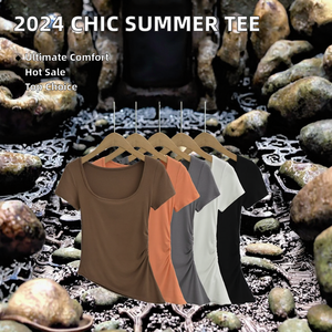 Camiseta plisada con cuello cuadrado para mujer, novedad de verano 2024, camisa informal Vintage 100%, tejido corto de poliéster sólido - Product Image 2