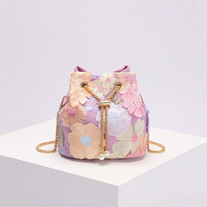 Borsa a secchiello da donna con paillettes, nuova collezione, con ricamo a rete a contrasto, alla moda, elegante, a tracolla singola con catena - Product Image 6