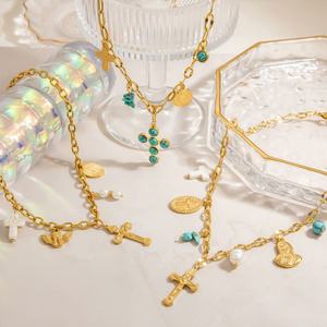 Collier pendentif croix en or massif 18 carats anti-ternissement avec perle et acier inoxydable, articles religieux catholiques pour femmes et jeunes filles - Product Image 1