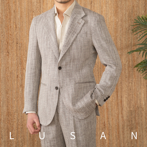 Costume d'affaires rétro slim pour homme style italien décontracté demi-doublé trois fins coton lin fermeture simple boutonnage plat - Product Image 1