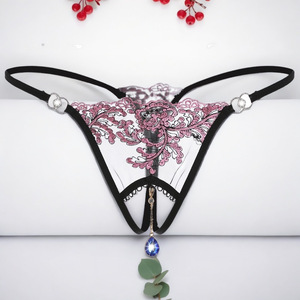 Lingerie sexy pour femme avec grandes perles, broderie, string à entrejambe ouvert, taille basse, nœud, perles, pour adultes - Product Image 2