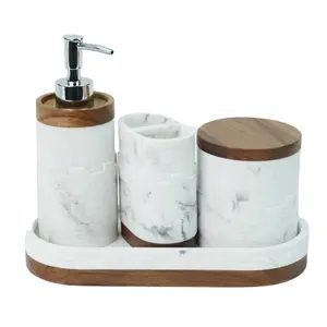 酒店盥洗室带牙刷支架皂液分配器现代木材和大理石浴室配件套装树脂设计