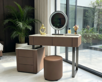 Table de toilette moderne et minimaliste en bois massif avec miroir éclairé et fonction de support, idéale pour chambre à coucher