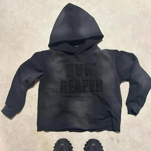 High Quality RetroStone Wash Flared Men Jogger Cropped Hoodie Sets Applique Embroidery Sunfade Wash Sweatsuits Unisex Sets - Product Image 2