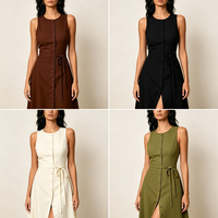 Robe longue décontractée OEM personnalisée pour femme, sans manches, col montant, boutonnée devant, nouée au dos, taille haute, coupe trapèze, unie, pour les vacances