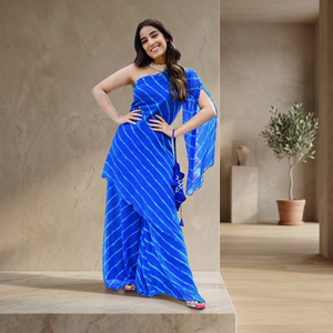 Blue Embellished <b>Sequined</b> Chinese Style Chiffon Breathable One-Shoulder Women's Kurta Set - Product Image 1