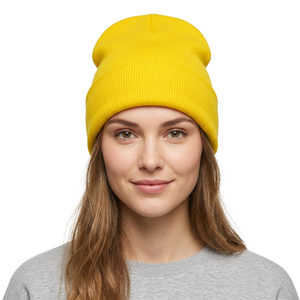 Bonnet unisexe jaune en acrylique tricoté 100% couleur unie, casquette décontractée d'hiver pour adultes, circonférence de la tête 56-58CM - Product Image 2