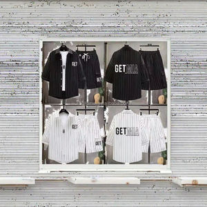 Camiseta informal de manga corta de verano para hombre al por mayor, pantalones cortos vintage de dos piezas, traje transpirable de tela de terciopelo, características bordadas - Product Image 2