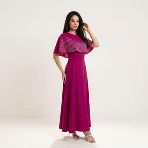 Elegant Casual Vintage Muslim Event Dress Fuchsia Hotfix Maxi Short Sleeve Polyester Anti-Wrinkle Party Gown for Eid Banquet - Product Image 1