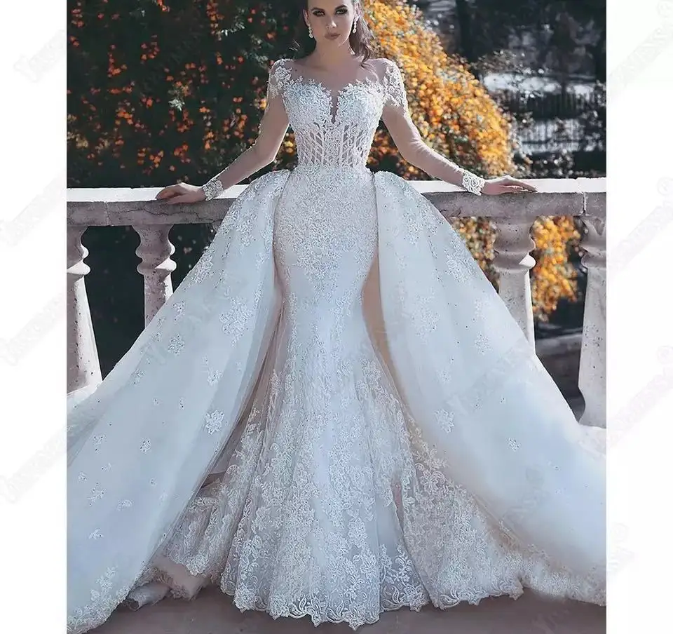 2022 New Vintage V-Neck Sleeveless Beaded Mermaid Bridal Gowns Court Train Simple Lace Long Mermaid Wedding Dress