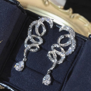 Orecchini pendenti di lusso in argento 925 con cristalli e design a goccia d'acqua per gioielli da festa da donna E3393 Champagne White - Product Image 3