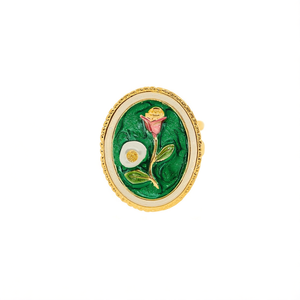 แหวนแฟชั่น สแตนเลสสตีล 316L ชุบทอง PVD  ลายดอกไม้เคลือบสีเขียว รูปทรงวงรี - Product Image 2