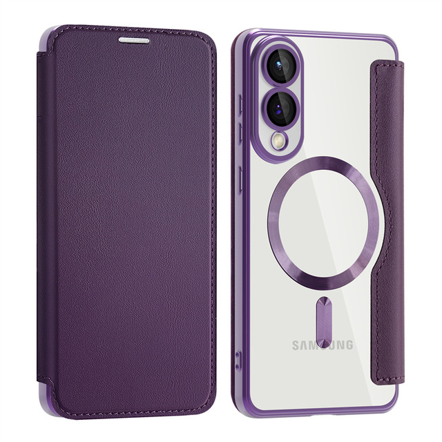 Leather Wallet Card Clip Magnetic Clear Phone Case for Samsung S25 Edge A16 A17 A27A57 Plating Wireless Charge Flip Cover
