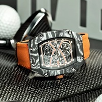 Montre de sport haut de gamme pour homme à mouvement à quartz, boîtier en alliage de fibre de carbone ultra-fin de forme tonneau, bracelet en toile lumineux, étanche 30M
