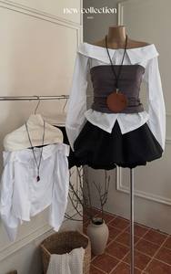 Ensemble 3 pièces : Blouse Off-Shollower x Blouse Tube à Poitrine Rembourrée x Pantalon Noir Pumpkin Style Vintage en Coton – Échantillon Disponible - Product Image 5