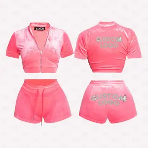 Custom strass LOGO Summer Outfit Crop manica corta Full Zip Up Velvet Women tuta Jogger Shorts due 2 pezzi Set da donna