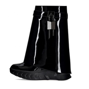 Women Wedge Ankle Boots Black Turn Over High <b>Heel</b> <b>Round</b> <b>Toe</b> Short Female Shark Lock Causal Increasing Height Shoes - Product Image 1