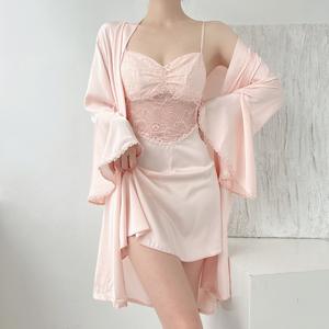 Pyjamas femmes <span class=keywords><strong>Satin</strong></span> mousseline de soie printemps nouveau jarretelle chemise de nuit deux pièces ensemble Sexy maison dentelle bord maison vêtements - Product Image 4