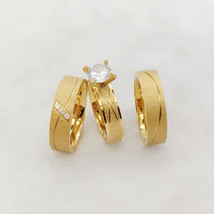 2024爱情承诺3pcs订婚新娘情侣戒指套装18k镀金不锈钢饰品