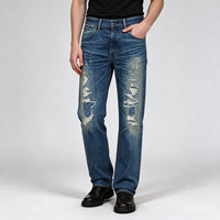 Jeans déchirés et délavés en coton bleu foncé pour homme, coupe droite, style streetwear, fabrication OEM sur mesure