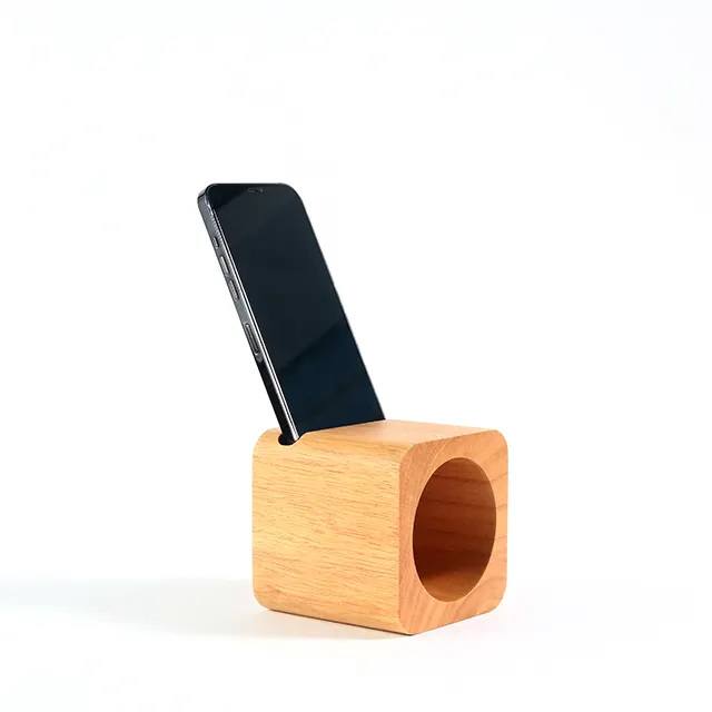 Alto-falante de madeira para celular, suporte amplificador de som físico e quadrado
