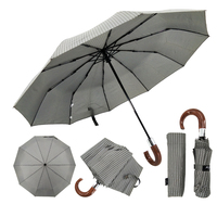 Parapluie d'affaires moderne personnalisé avec logo, 10 baleines, pliage automatique en 3 sections, résistant au vent, poignée en bois en J, sans PFAS, conforme REACH
