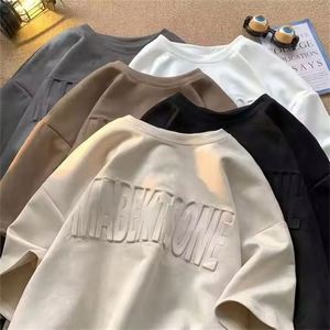 Camiseta de verano de moda Vintage para hombre en relieve peso pesado 100% algodón suelto cuello redondo manga corta tejido diseño ecológico - Product Image 2