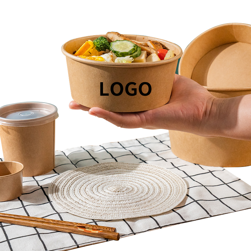 Wholesale Eco-Friendly Disposable Biodegradable Kraft Paper Salad Container Embossed Lid Take-Away Bowls Paper Plates Bowls