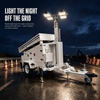 Tour d'éclairage solaire hors réseau montée sur remorque, tour LED 4x240W IP66, mât électrique 7,5m, onduleur 5,5kW pour chantier de construction