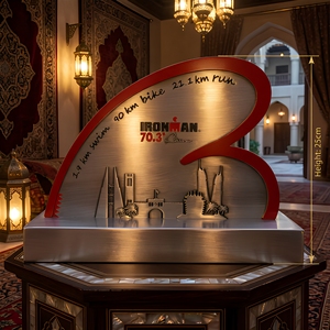 Trophée personnalisé <span class=keywords><strong>de</strong></span> triathlon Bahreïn en métal, motif skyline urbain avec accent rouge, pour événements sportifs au Moyen-Orient - Product Image 4