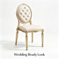 Chaise de salle à manger capitonnée à boutons, dossier rond, cadre blanc, en similicuir bleu, style Louis français, pour restaurant et mariage