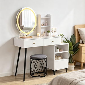 Modern Minimalist Solid Wood Makeup <b>Vanity</b> Lighted Oval Mirror Storage Drawers Stool Dressing <b>Table</b> White Customizable Design - Product Image 6