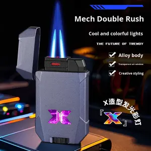Encendedor Mecánico de Doble Llama para Influencers de <span class=keywords><strong>TikTok</strong></span>, Potente, con Luces Intermitentes de Colores, Metálico, Recargable, Resistente al Viento, para Cigarros - Product Image 2