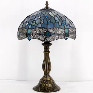 12X18 Inches Stained Glass Bedside Reading Desk Lighting Sea Blue Dragonfly Style Table Lamp Factory Wholesale Light