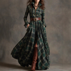 Robe midi à carreaux pour femmes grandes tailles, ourlet asymétrique, robe décontractée vintage amincissante - Product Image 1