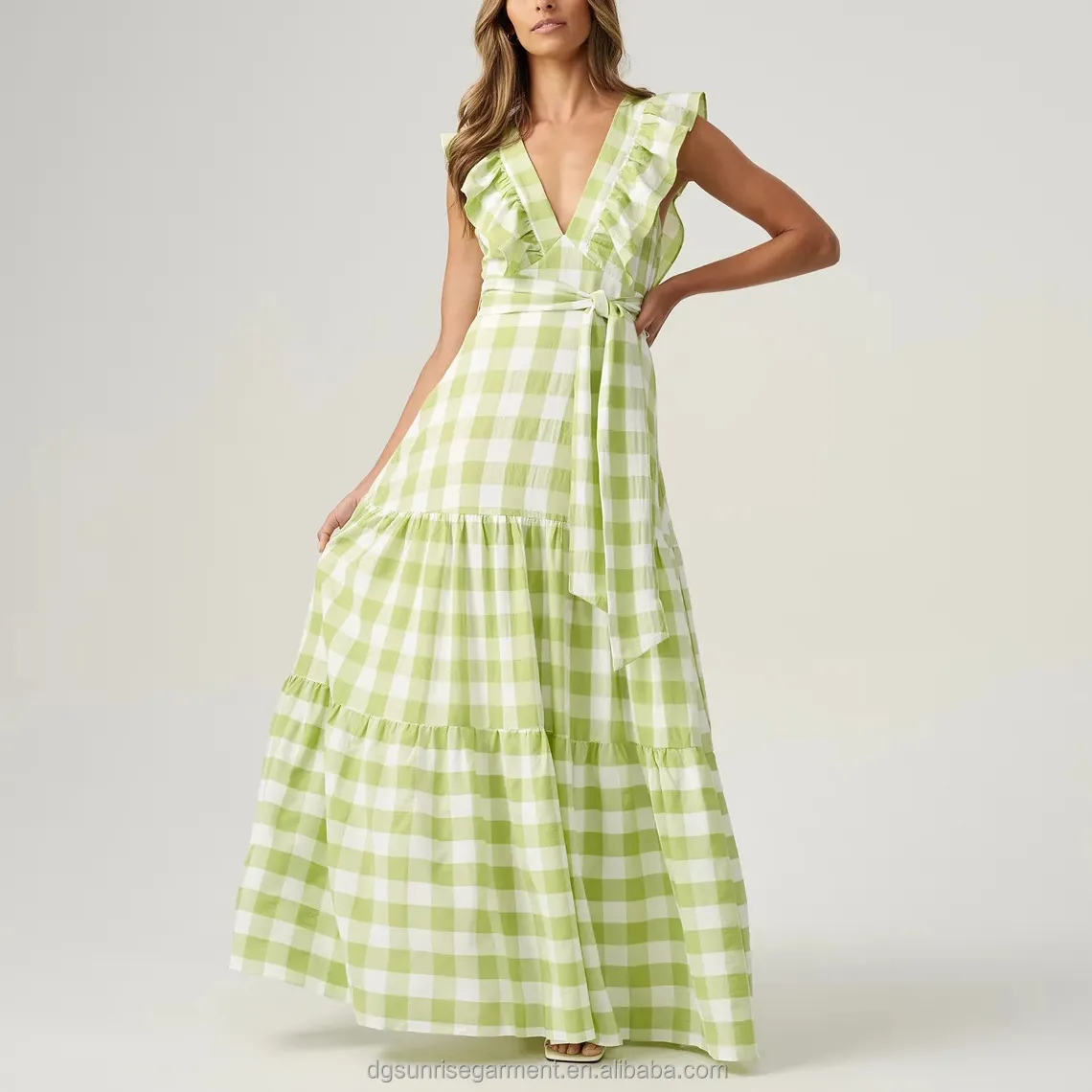 Hot Sale Maxi Dress 2023 Women Clothing Summer Sexy Deep V neck Ruffles Long Boho Cotton Plaid Sage Green Maxi Dress Ladies