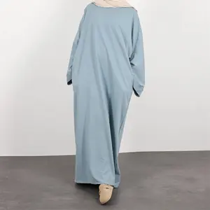 Nieuwe Bescheiden Effen Kleur Casual Jurken Vrouwen Moslim Sweatshirt Eid Ramadan Collectie Jersey Abaya