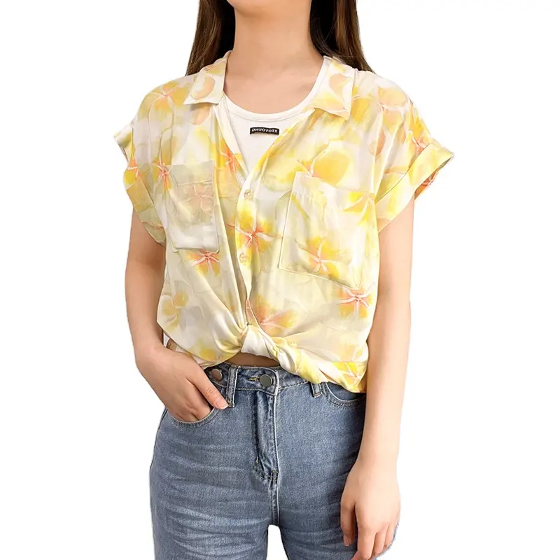 Blouses for Women Fashion Casual Short Sleeve Rayon Fabric Button Down Shirts Tops for Women