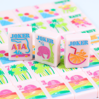 Ubin Akrilik Mahjong Amerika Warna Pink Ceria dengan Cetakan Neon Tropis Set Premium dengan Desain Flamingo dan Pohon Palem, Ubin Bertema Musim Panas