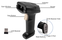 Escáner de Código de Barras Inalámbrico 2.4G USB, Lector de Códigos 1D y 2D, Pistola Escaneadora de Códigos QR para Almacén