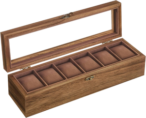 Boîte à montres vintage en bois avec couvercle en verre transparent, 6 emplacements, coussin en velours, étui de rangement pour montres, boîte de présentation pour montres-bracelets pour hommes, boîte cadeau - Product Image 1