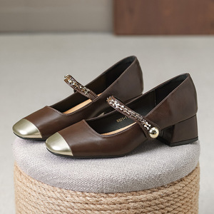 New Spring 2025 Women's <b>Shoes</b>: Color-blocked Square Toe <b>Chunky</b> Heel One-strap French-style Low-cut Leather <b>Shoes</b> - Product Image 5