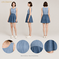Robe mini plissée bleu clair pour femme, col rond, sans manches, jupe en jean évasée, bicolore, décontractée, personnalisable OEM