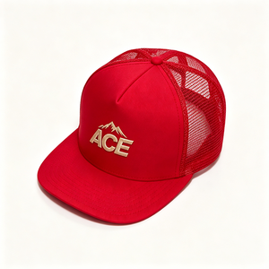 Casquette Trucker personnalisée à 5 panneaux et visière plate, avec broderie du logo ACE Mountain, en toile maillée vierge, fermeture snapback standard, unisexe, pour sports de plein air - Product Image 4